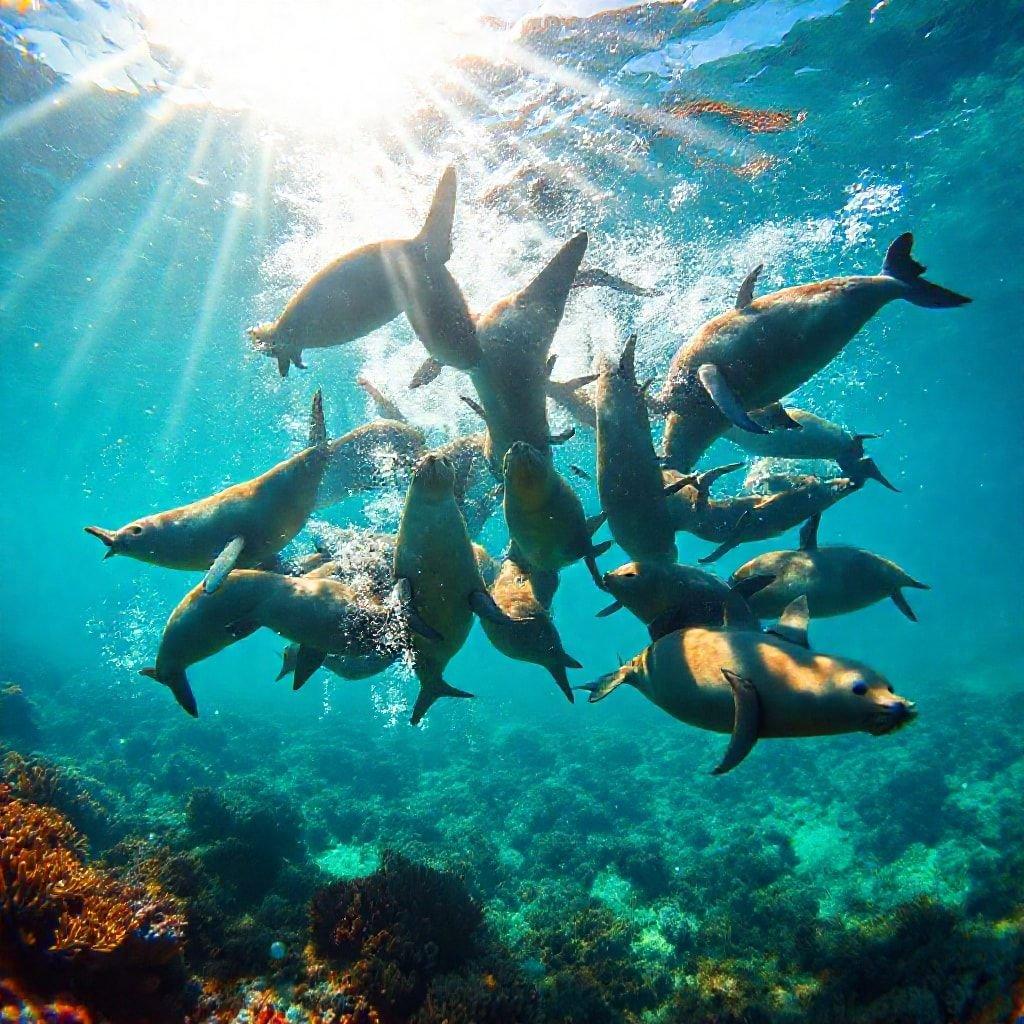 School of sea creatures, likely dolphins or porpoises, navigating through vibrant blue waters with coral below. A beautiful underwater tableau.